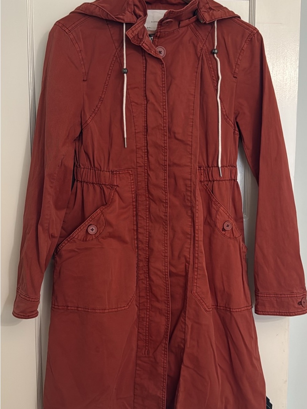Anthropologie Rust Red Hooded Trench Coat